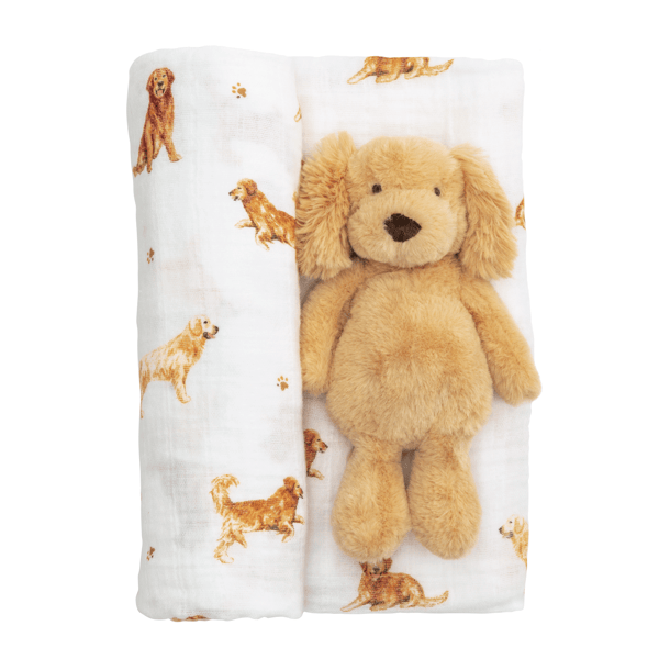 Mud Pie Golden Retriever Swaddle and Rattle Set