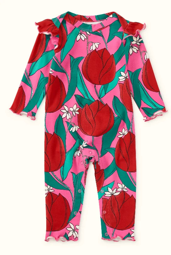 Tea Ruffle Shoulder Baby Romper | Tulip Twist in Pink