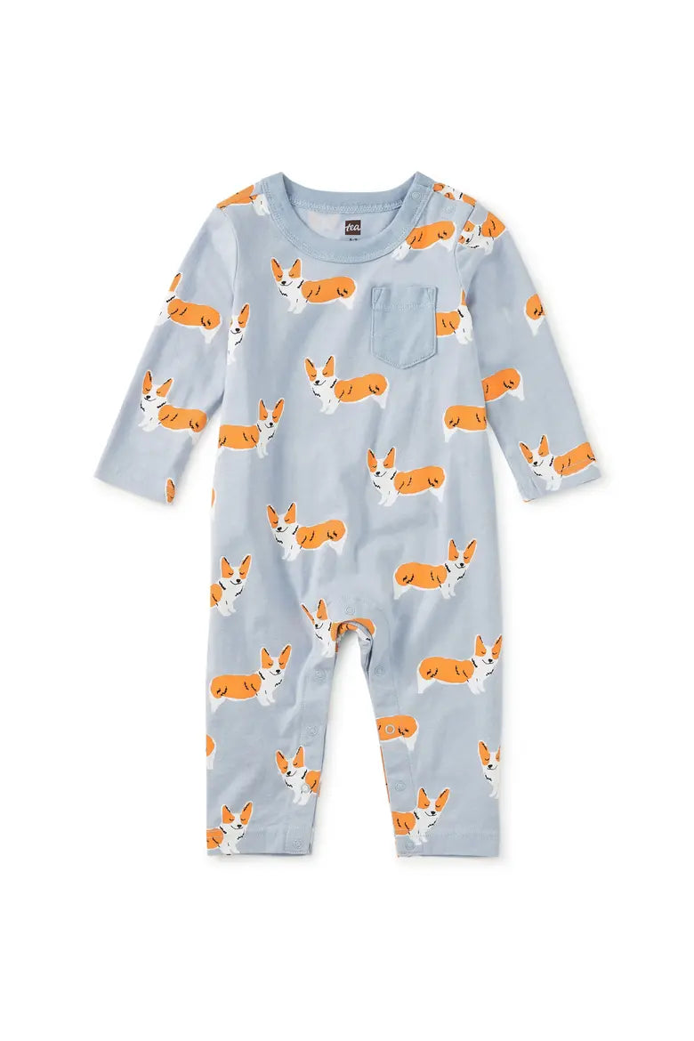 Tea Collection Long Sleeve Pocket Baby Romper | Cutie Corgis