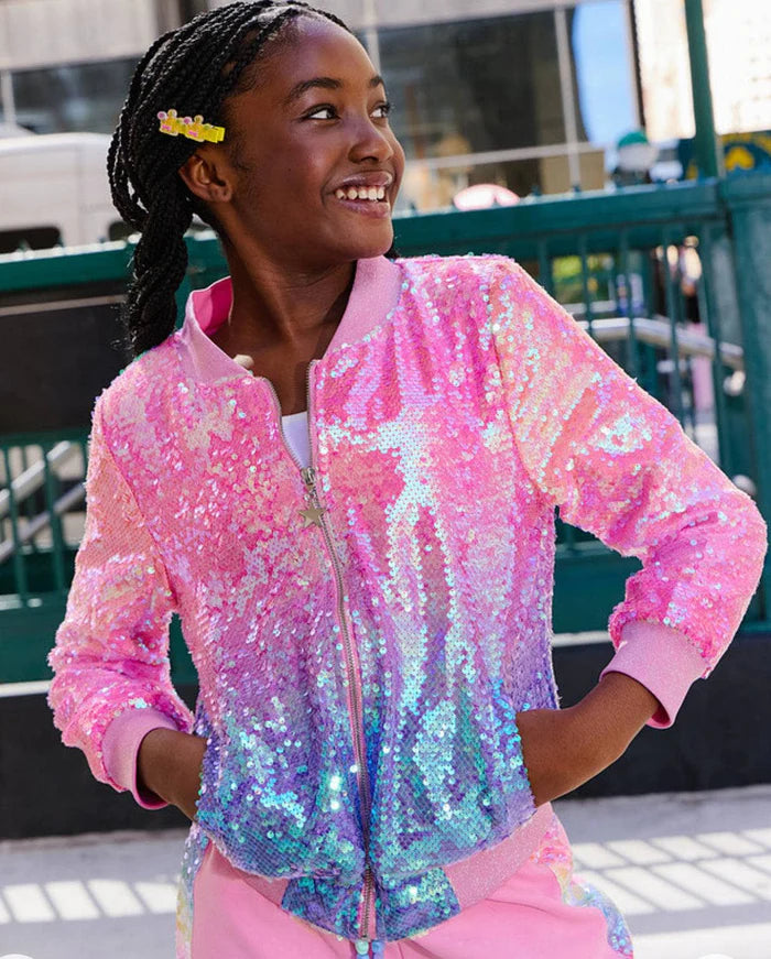 Lola and the Boys Bubble Gum Shimmer Sequin Bomber Jacket