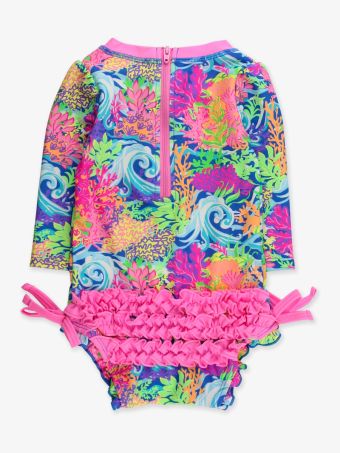Ruffle Butts Neon Ocean Coral Long Sleeve Rashguard