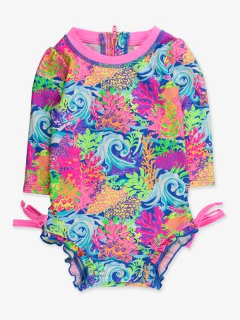 Ruffle Butts Neon Ocean Coral Long Sleeve Rashguard
