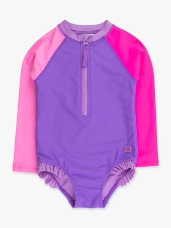 Ruffle Butts Purple Color Block Long Sleeve Rashguard One Piece