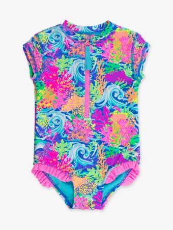 Ruffle Butts Neon Ocean Coral Short Sleeve Rashguard One Piece