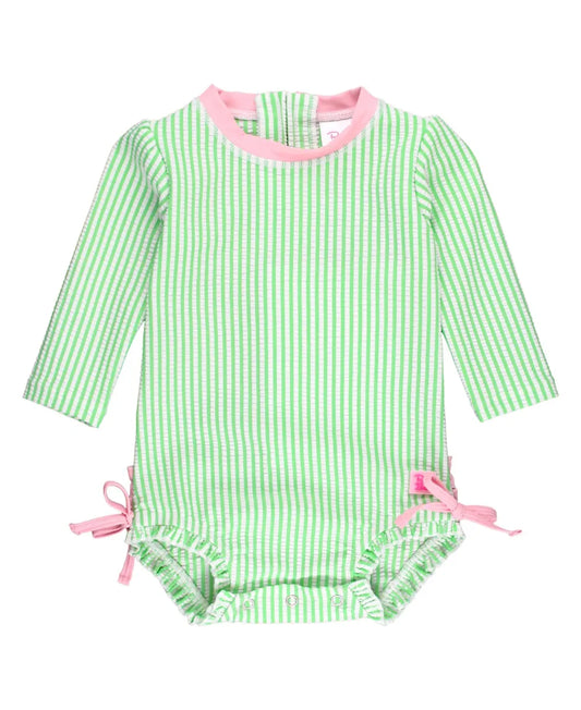 RuffleButts Vibrant Spring Green Seersucker Long Sleeve Rash Guard