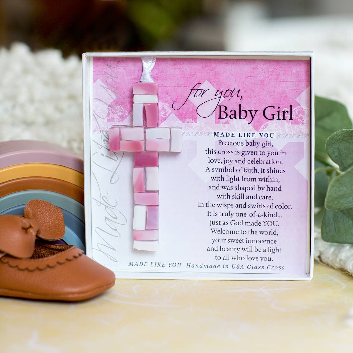 New Baby Girl Gift  USA Handmade Mosaic Glass Cross 4484