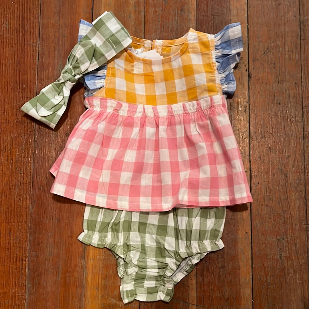 Mud Pie Mixed Check Pinafore Denim Set