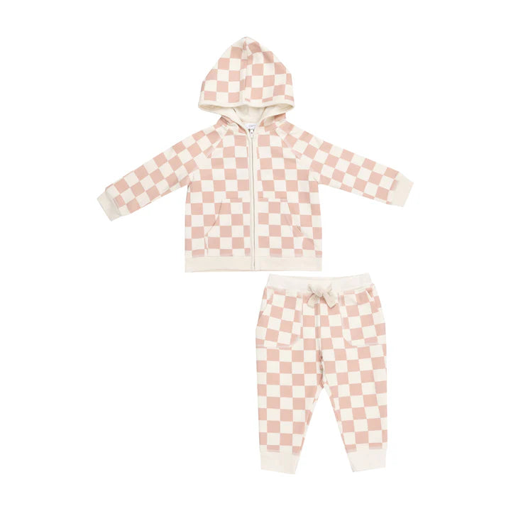 Angel Dear Zip Hoodie + Wide Leg Pant Set | Checkerboard Pink