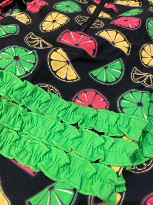 RuffleButts Neon Black Citrus Long Sleeve Rash Guard