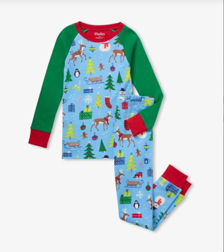 Hatley Blue Christmas Morning Cotton Raglan Pajama Set