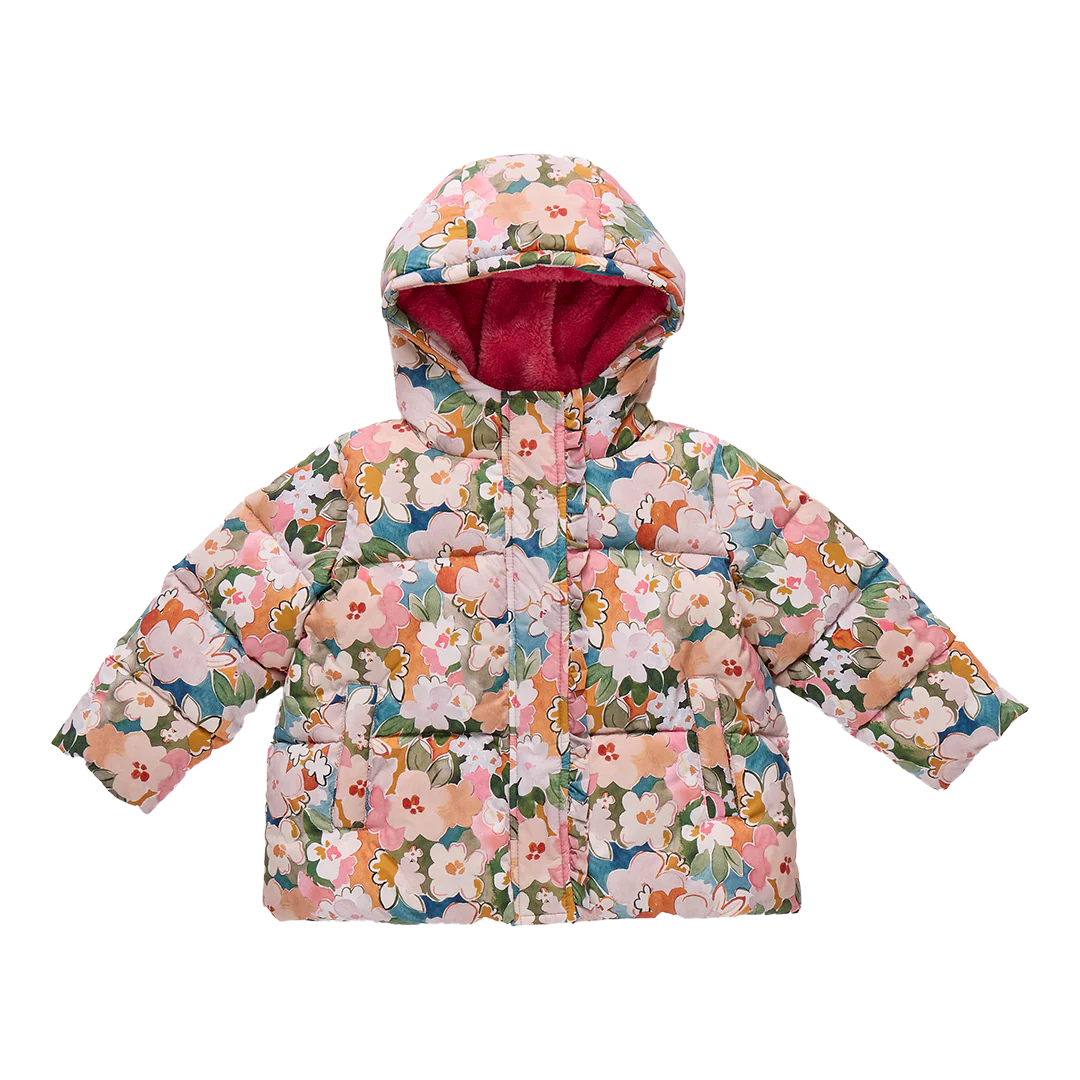 Pink Chicken Girls Ruffle Pete Puffer | Watercolor Floral