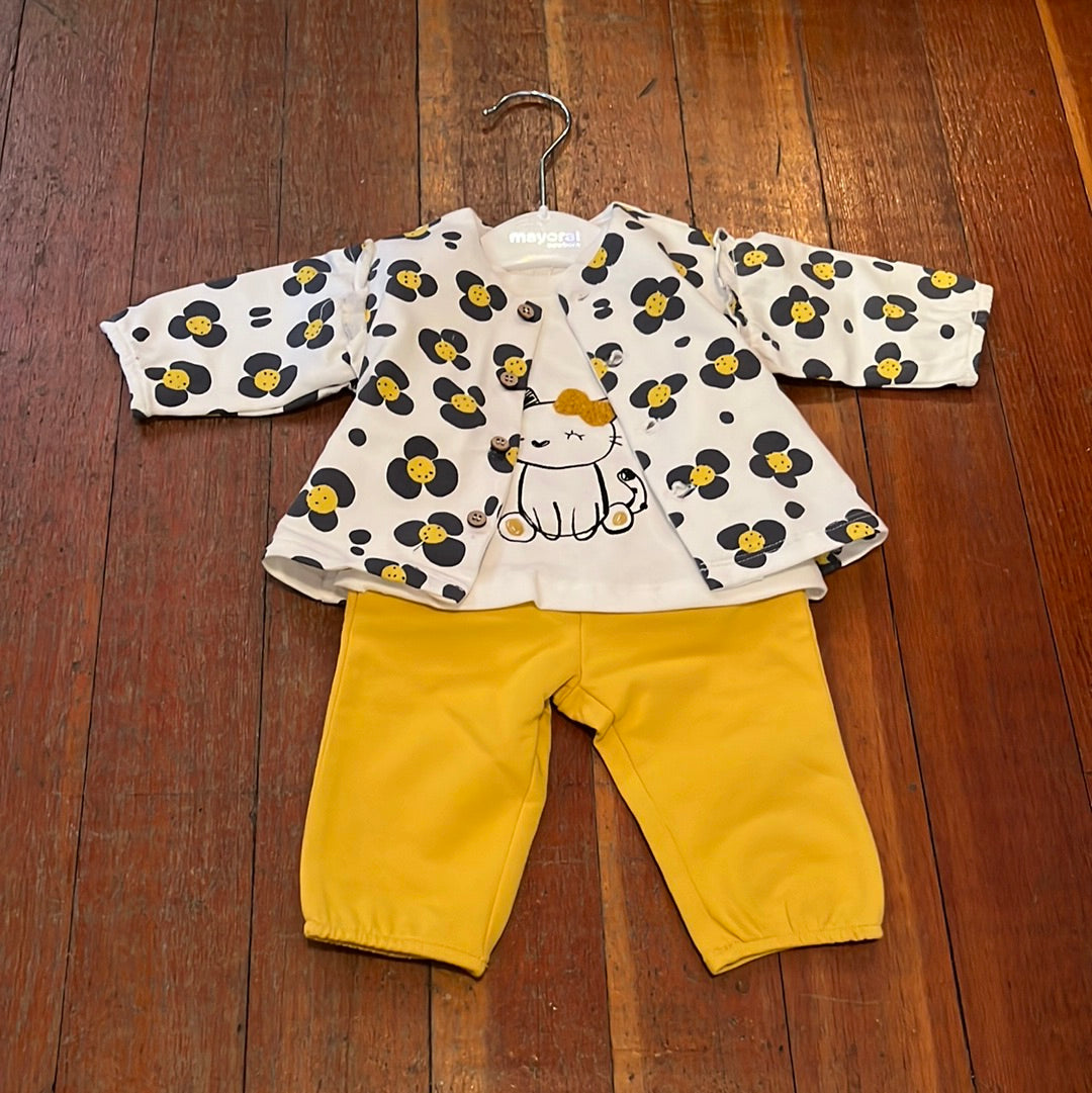 Mayoral 3-piece Yellow Pants and Floral Ruffle Coat