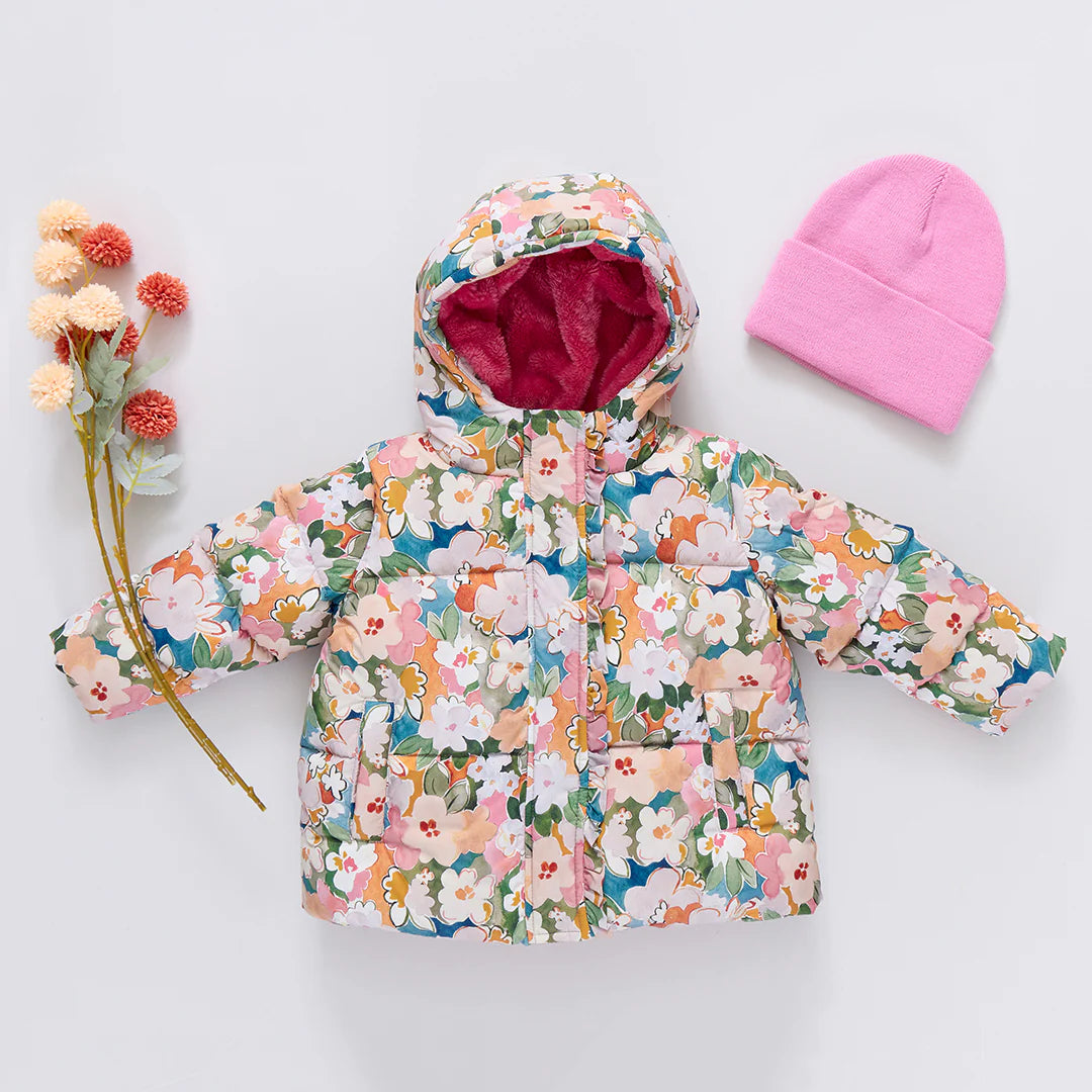 Pink Chicken Girls Ruffle Pete Puffer | Watercolor Floral