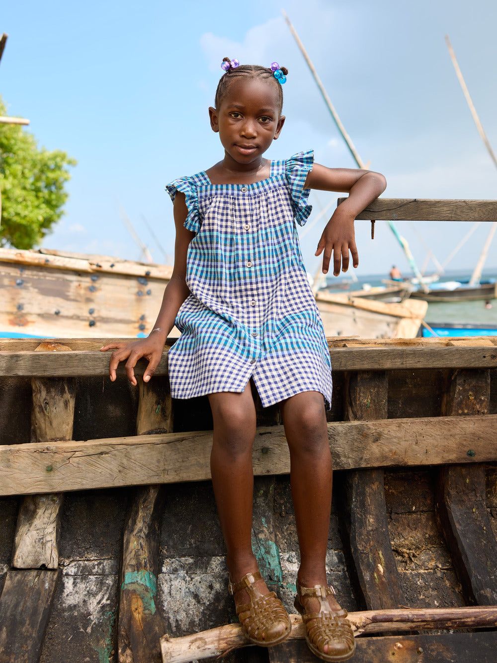 Tea Nairobi Plaid Boat Neck Buttoned Woven Dress