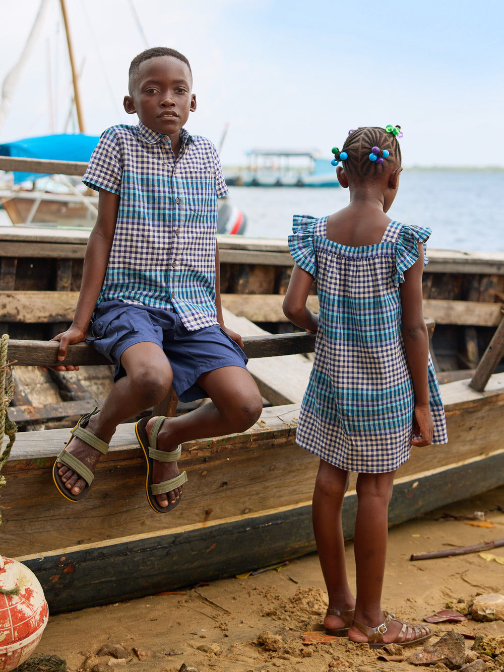 Tea Nairobi Plaid Boat Neck Buttoned Woven Dress