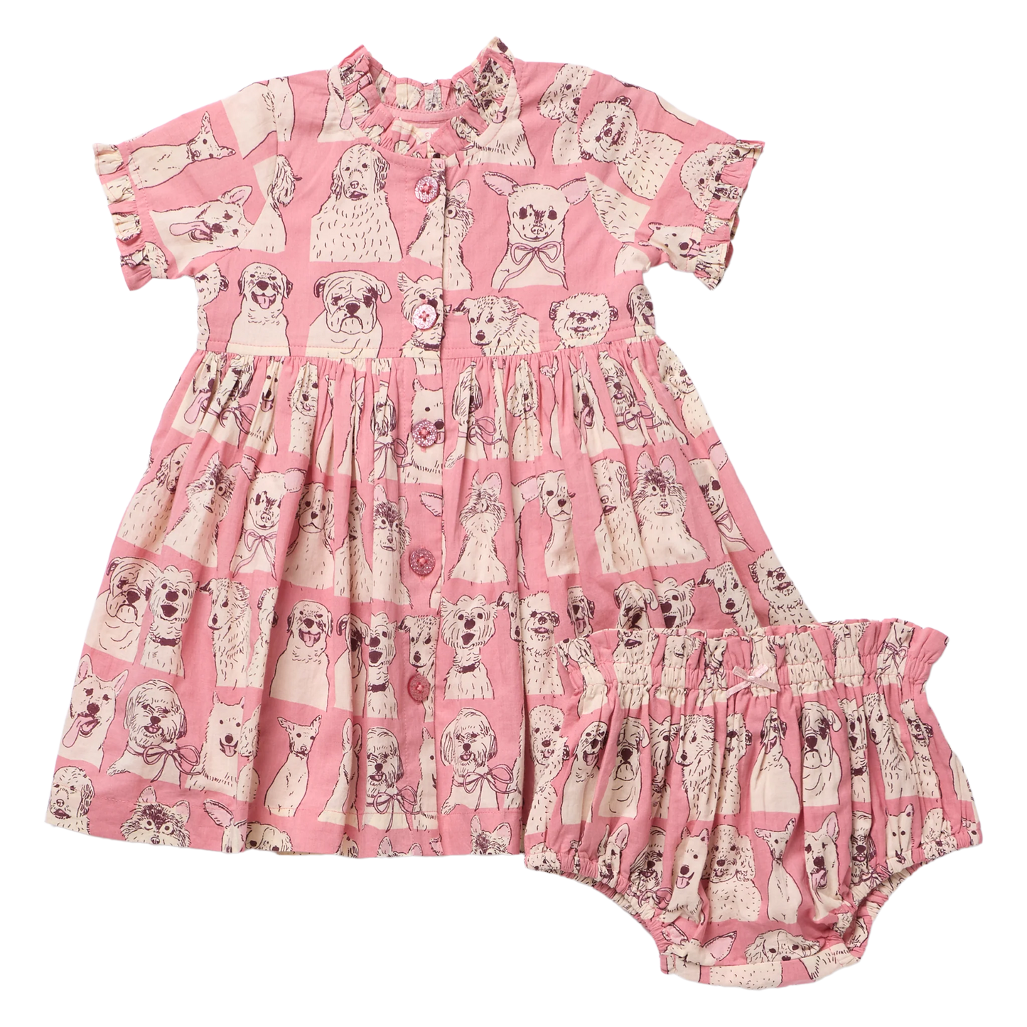 Pink Chicken Girls Autumn Dress Set | Pink Sketched Dogs