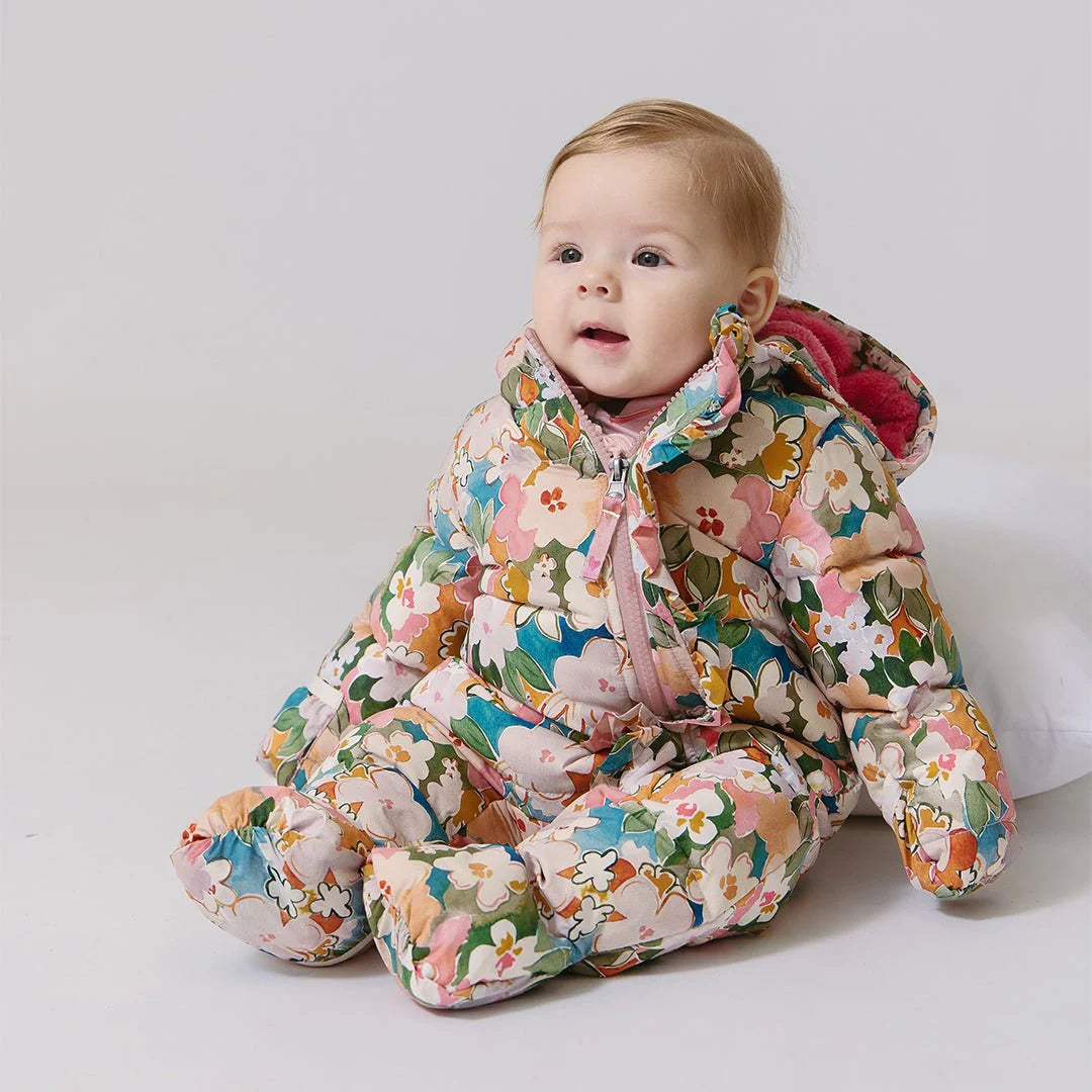 Pink Chicken Baby Girls Ruffle Snowsuit | Watercolor Floral