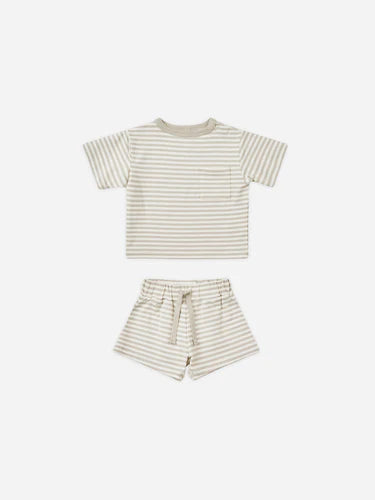 Boxy Pocket Tee + Short Set || Ash Stripe