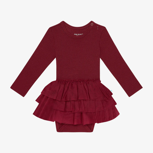 Dark Cherry Ribbed Long Sleeve Tulle Skirt Bodysuit