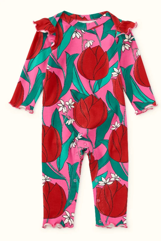 Tea Ruffle Shoulder Baby Romper | Tulip Twist in Pink