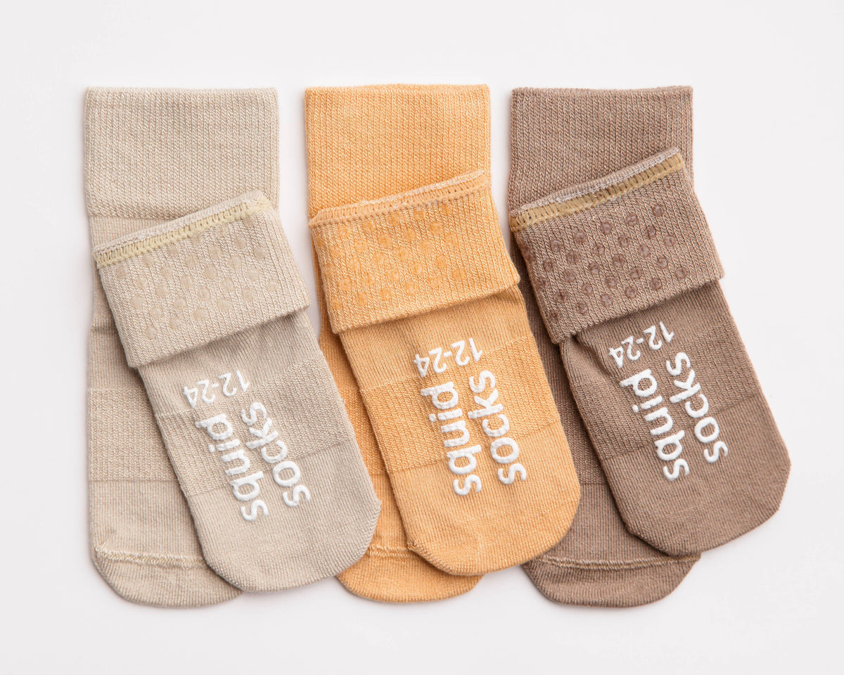 Baby & Kids Grip Socks, Caramel, 3-Pack