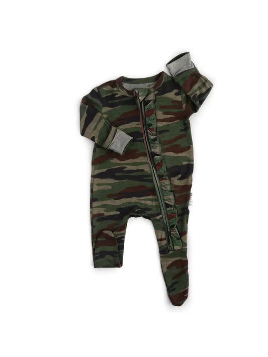 Gigi and Max Ruffled Camo Zipper Romper