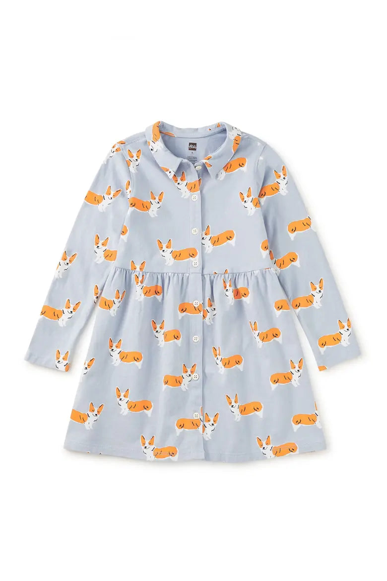 Tea Collection Long Sleeve Collared Button Down Dress | Cutie Corgis