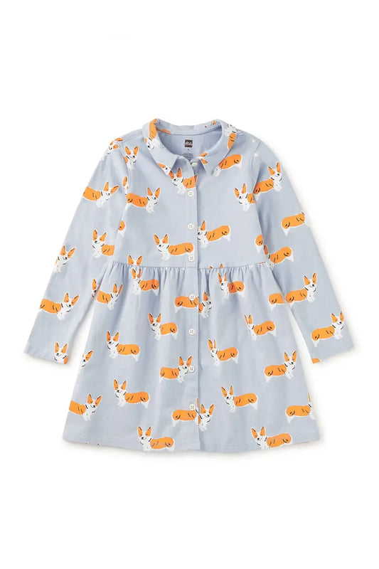 Tea Collection Long Sleeve Collared Button Down Dress | Cutie Corgis