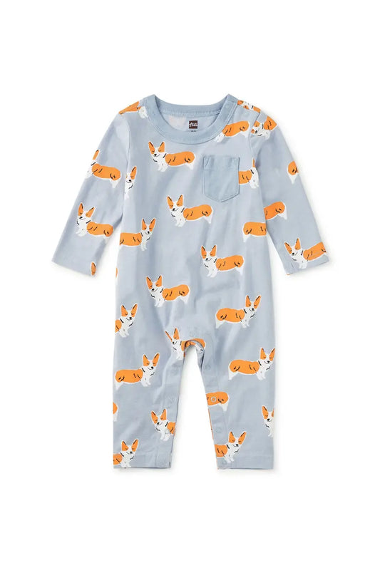 Tea Collection Long Sleeve Pocket Baby Romper | Cutie Corgis