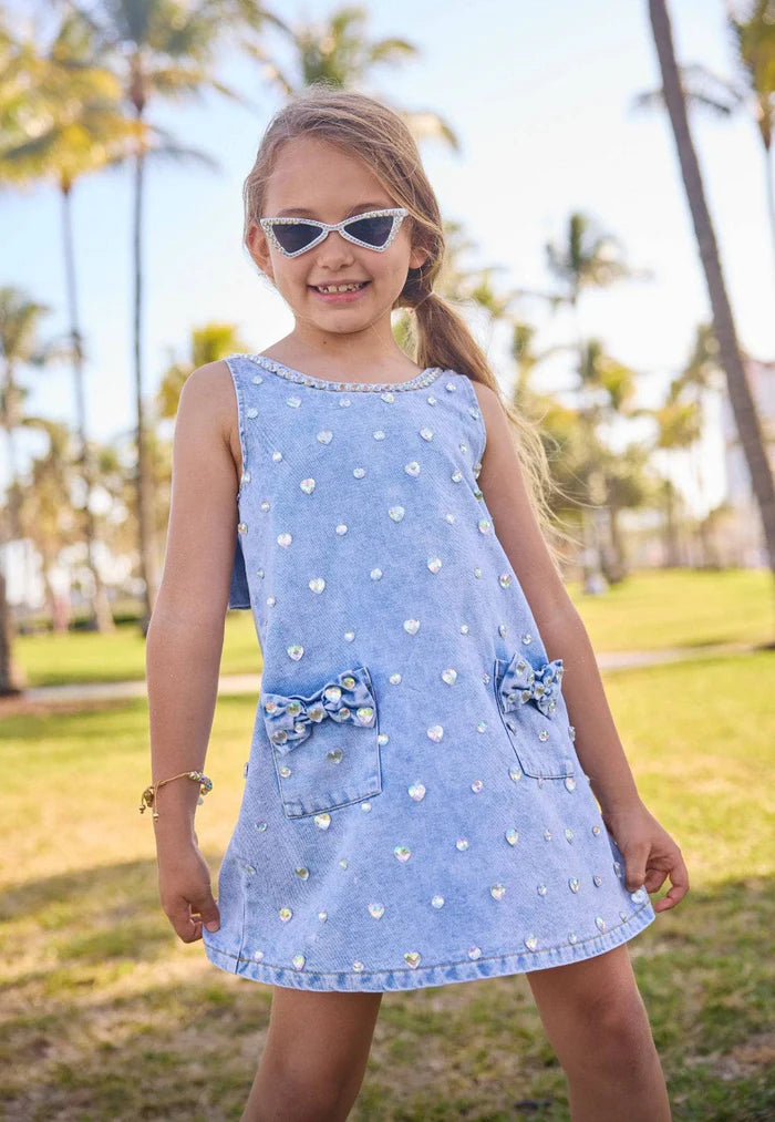 Lola and the Boys Crystal Heart Denim Bow Dress
