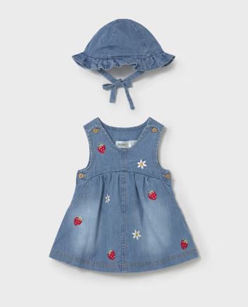 Mayoral Denim Dress with Strawberries and Hat