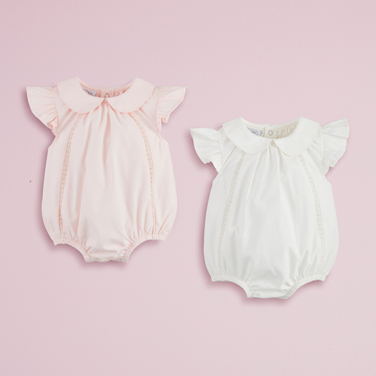 Collared Poplin Baby Bubble- White and Pink